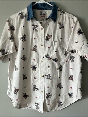 Quizz Again vintage White Short-Sleeve Button-Down Shirt With Teddy Print